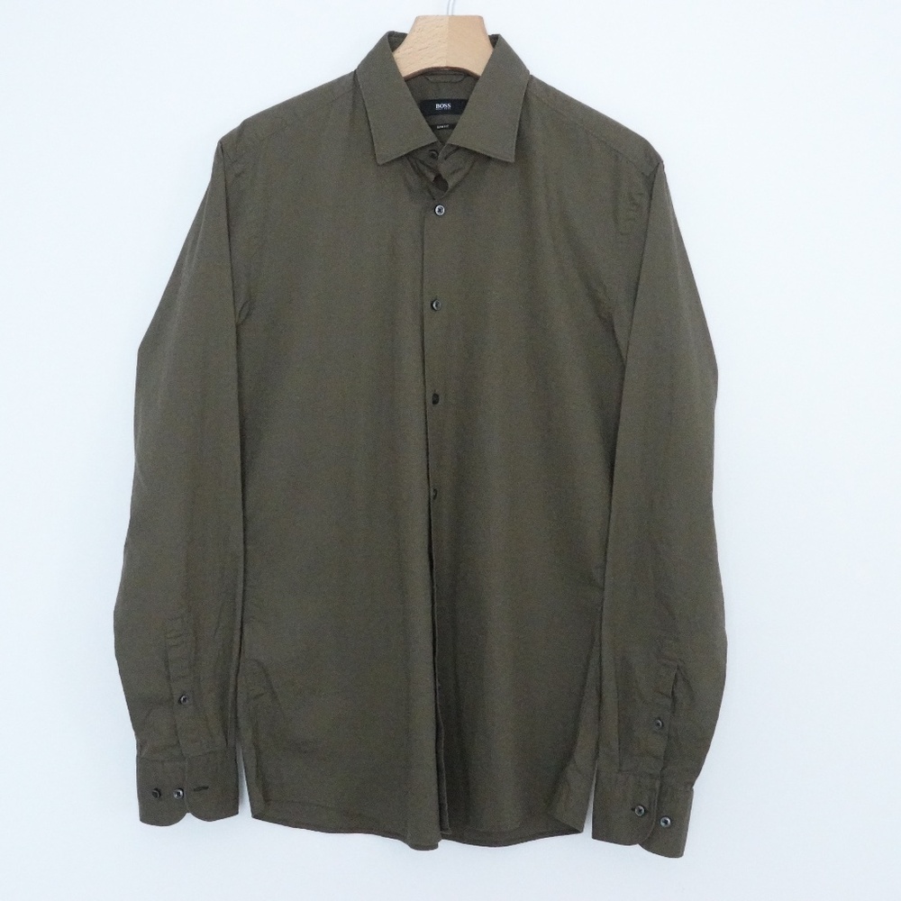 New HUGO BOSS men 100% Cotton Khaki long sleeve shirt size M slim fit